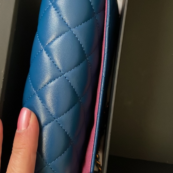 Chanel Blue and Pink quilted lamb skin bag with chain rainbow hardware - Picture 8 of 13